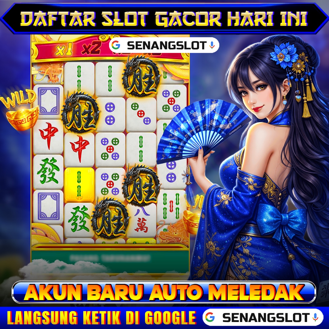 Ilustrasi ubin permainan dan karakter berkostum biru dari materi SENANGSLOT