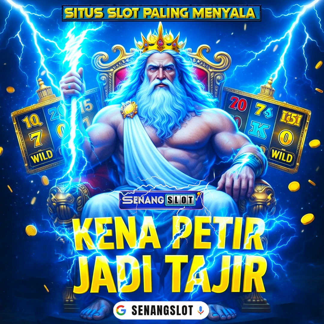 Ilustrasi dewa di singgasana biru dengan cahaya petir dari materi SENANGSLOT